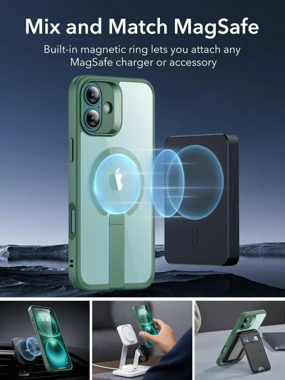 ESR iPhone 16 Plus Kickstand Case, MagSafe Clear Green Military Grade Shockproof